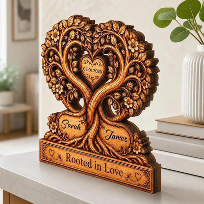 Rooted In Love Heart Tree Personalized Couple Wooden Block - Custom Anniversary Gift