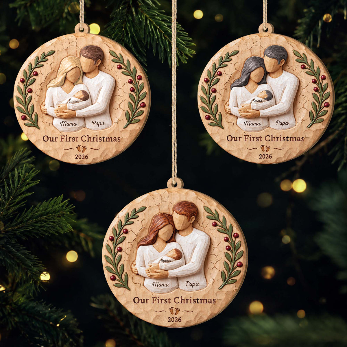 Our First Christmas Personalized Wooden Ornament - Custom Newborn Family Holiday Keepsake Gift for New Parents