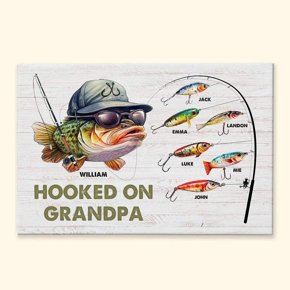 Hooked On Grandpa Personalized Canvas / Poster - Custom Grandkids Fishing Wall Art Gift for Dad & Grandpa