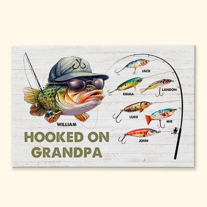 Hooked On Grandpa Personalized Canvas / Poster - Custom Grandkids Fishing Wall Art Gift for Dad & Grandpa