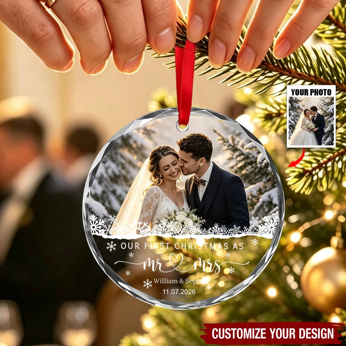 "Our First Christmas As Mr & Mrs" Custom Photo Glass Ornament - Personalized Newlywed Keepsake Gift