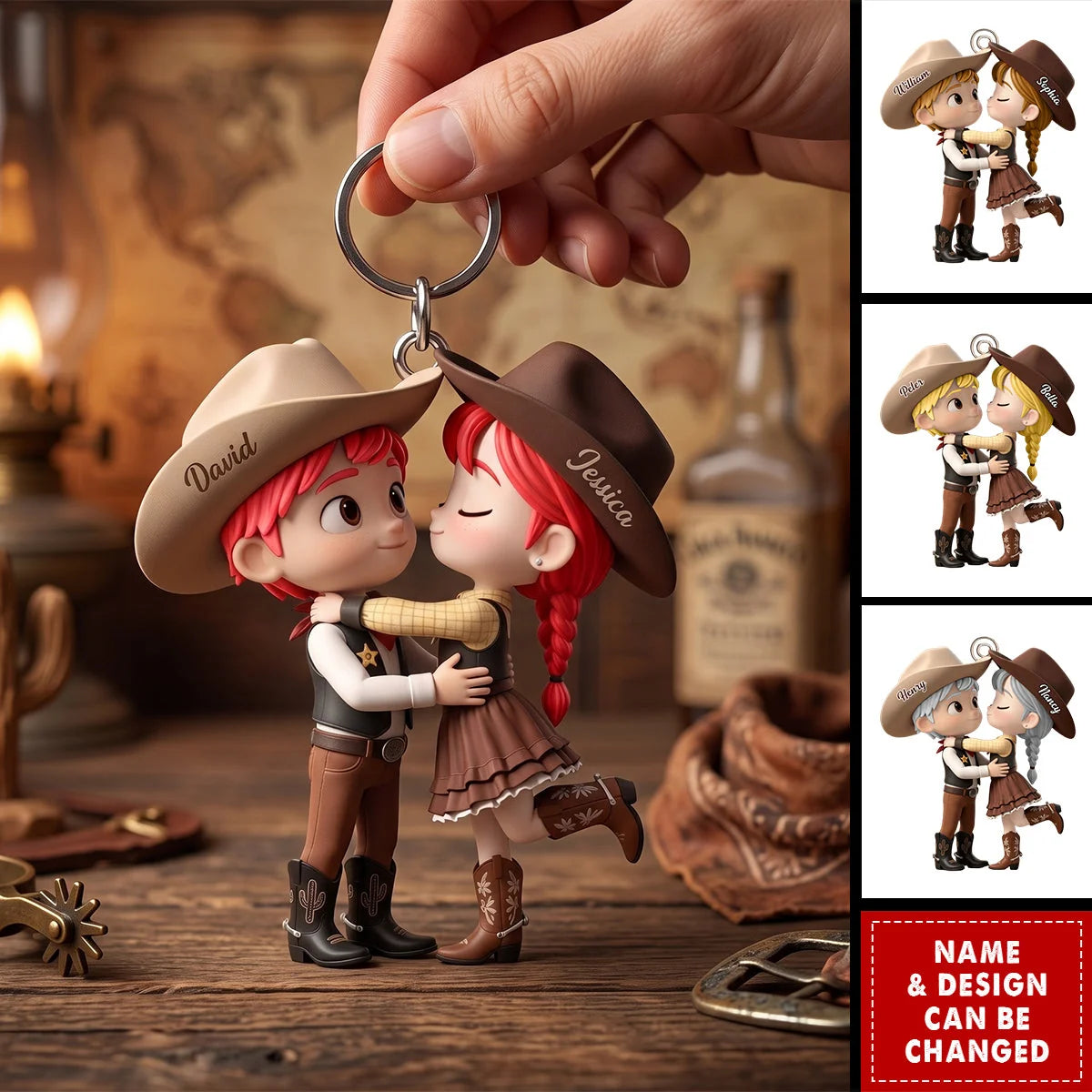 Personalized Cowboy Couple Keychain - Custom Western Country Lovers Keepsake Gift
