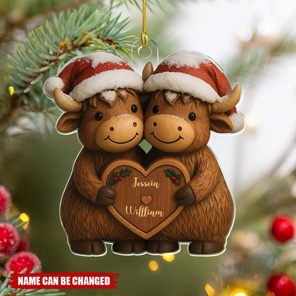 Personalized Couple Cow Christmas Acrylic Ornament - Custom Highland Cow Name Keepsake Gift for Couples