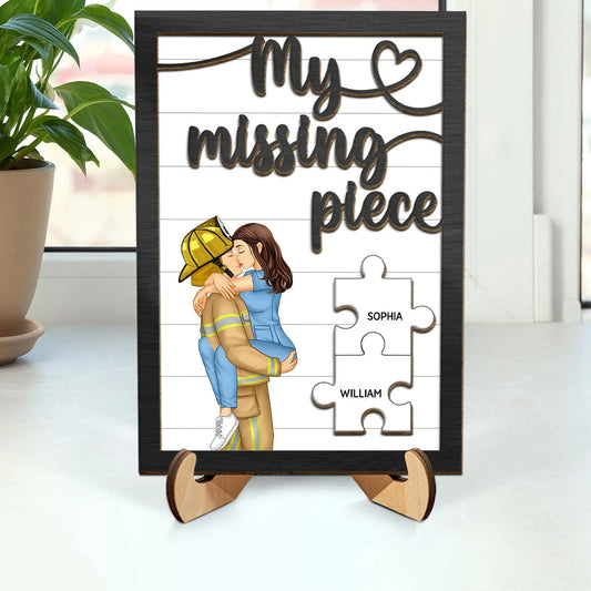 Custom couple wooden plaque featuring a kissing firefighter and nurse with personalized puzzle pieces