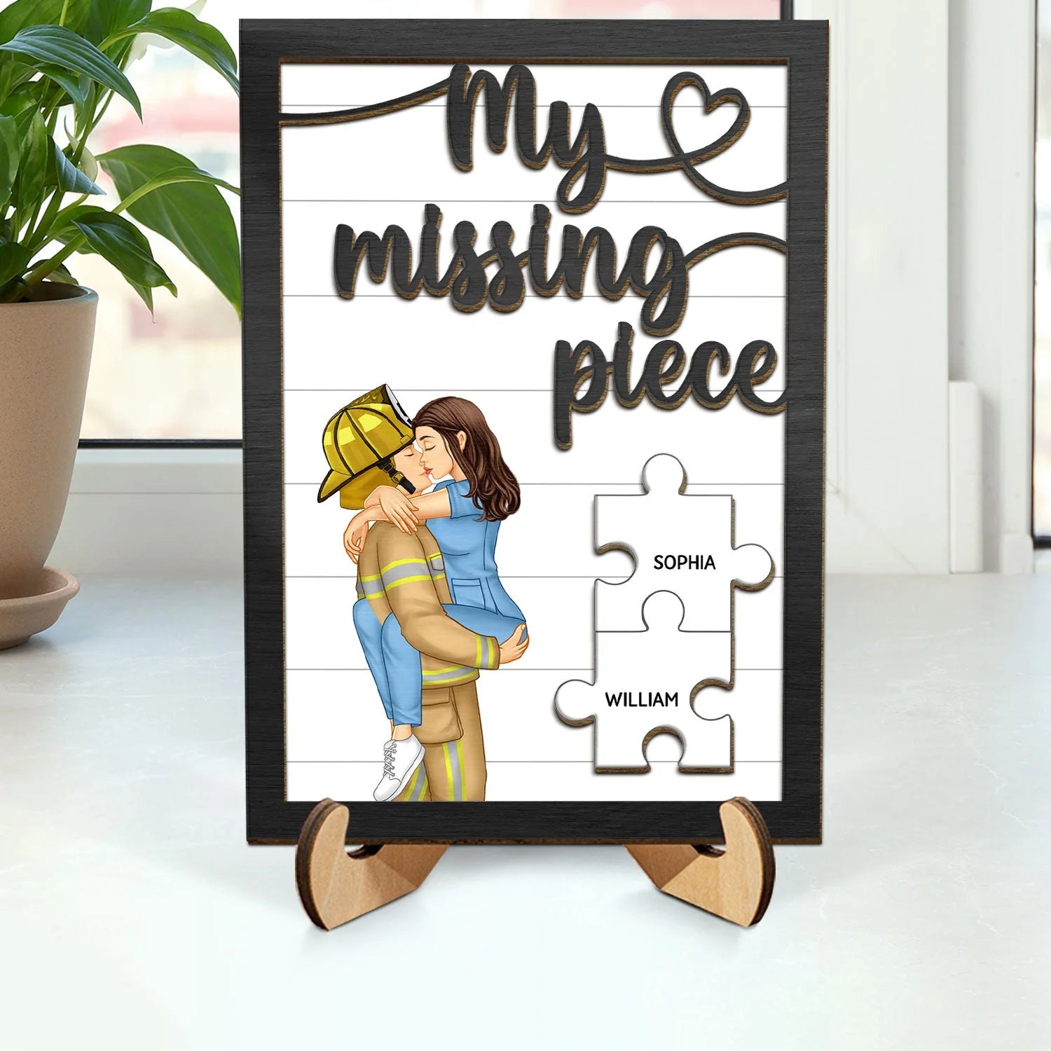 Custom couple wooden plaque featuring a kissing firefighter and nurse with personalized puzzle pieces