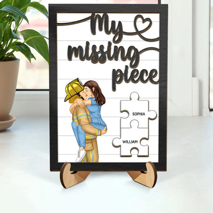 Custom couple wooden plaque featuring a kissing firefighter and nurse with personalized puzzle pieces