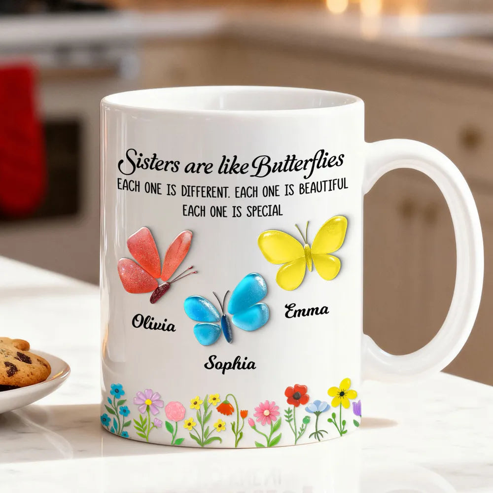 Sisters Are Like Butterflies – Personalized Ceramic Mug for Sister, Custom 3D Sea Glass Gift for Siblings