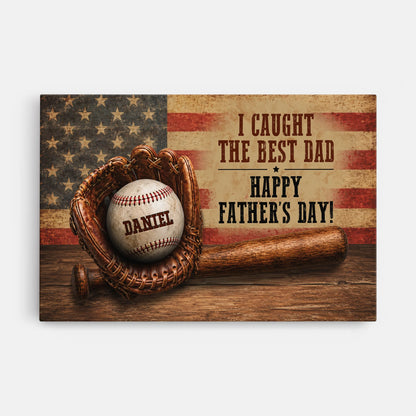 Personalized baseball dad canvas wall art with custom names printed on baseballs against an American flag backdrop