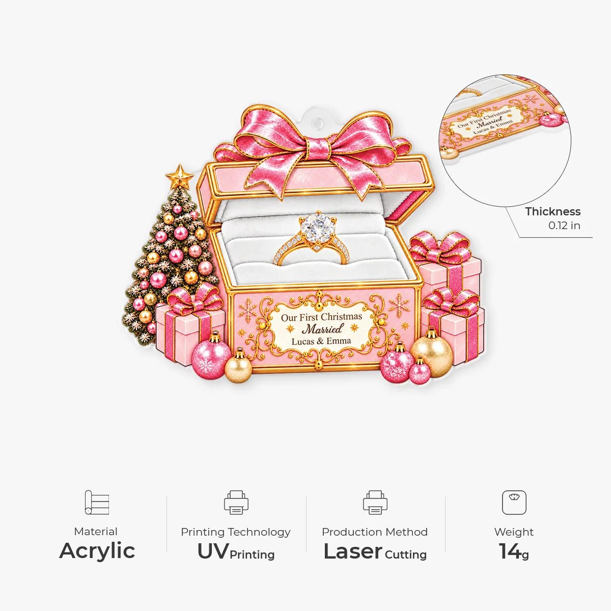 "Our First Christmas Engaged" Personalized Ring Box Acrylic Ornament - Keepsake Gift for Couples