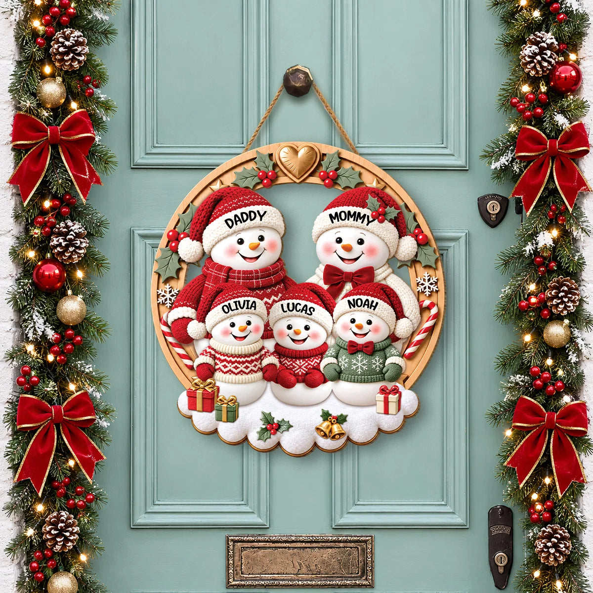 Snowman Family Personalized Wood Sign - Custom Christmas Door Hanger Gift for Grandma