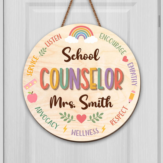 Personalized school counselor wood sign with custom name and colorful rainbow design for office wall decor