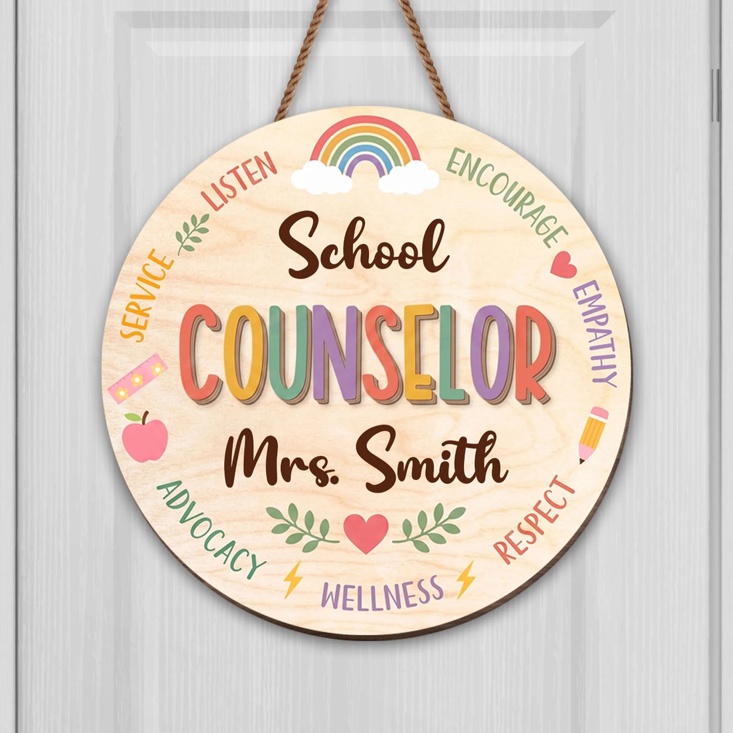 Personalized school counselor wood sign with custom name and colorful rainbow design for office wall decor