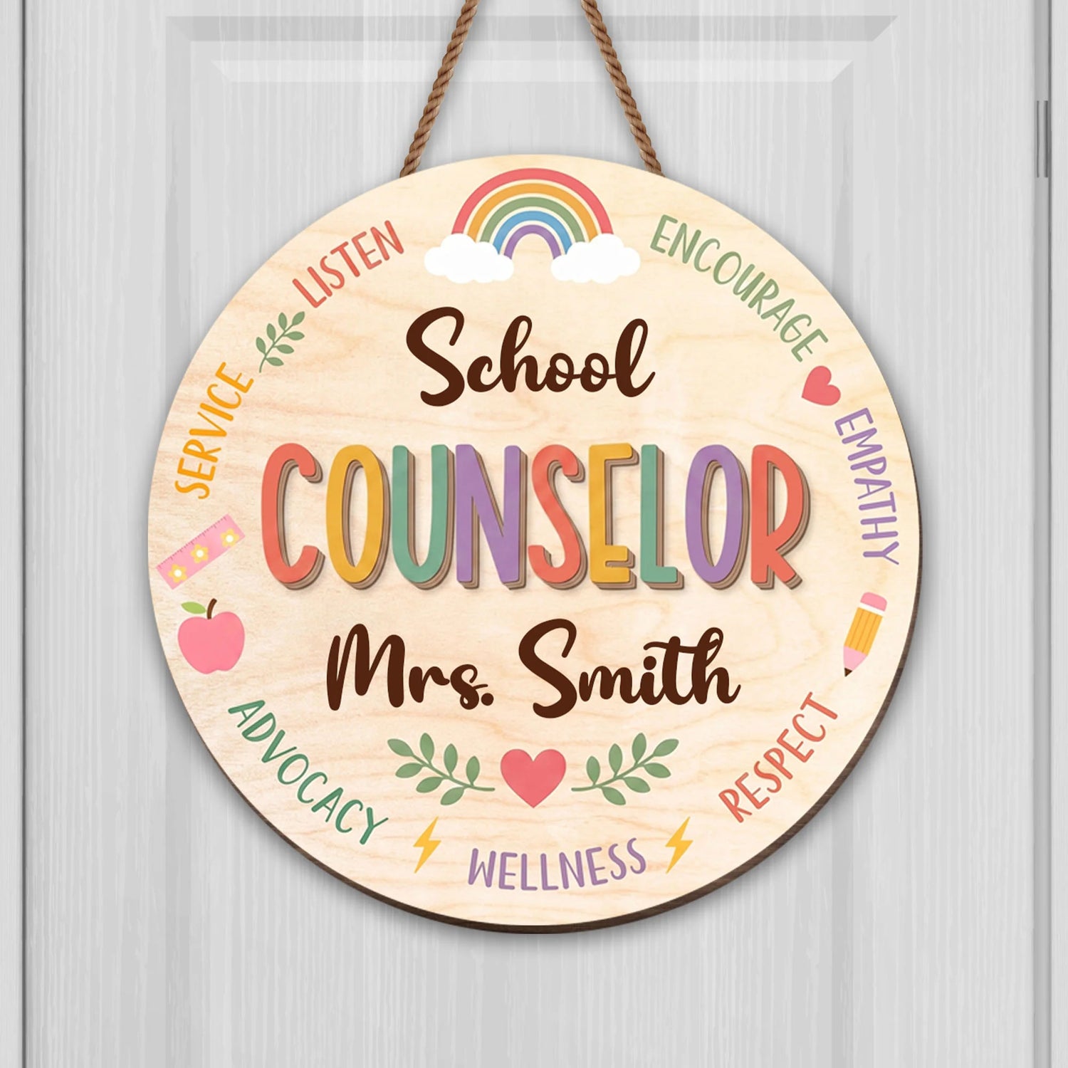 Personalized school counselor wood sign with custom name and colorful rainbow design for office wall decor