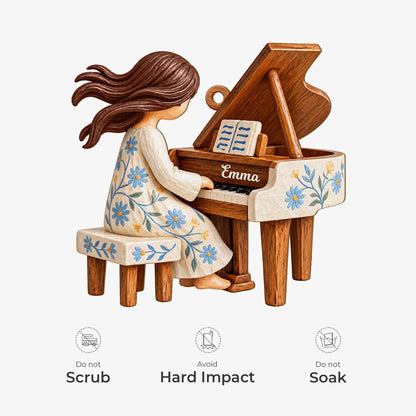 Floral Grand Piano Girl Personalized Wooden Ornament - Christmas Keepsake Gift for Pianist Music Teacher