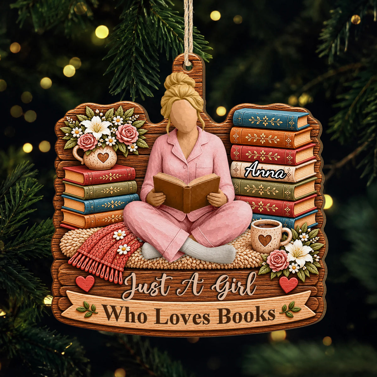 Just A Girl Who Loves Books Personalized Wooden Ornament - Reader Christmas Gift for Book Lovers
