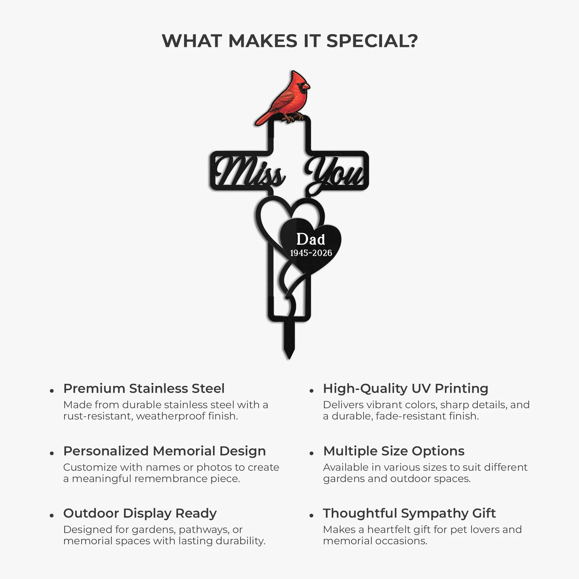 Miss You Cross Personalized Metal Garden Stake - Custom Memorial Gifts for Loss of Mother/Father