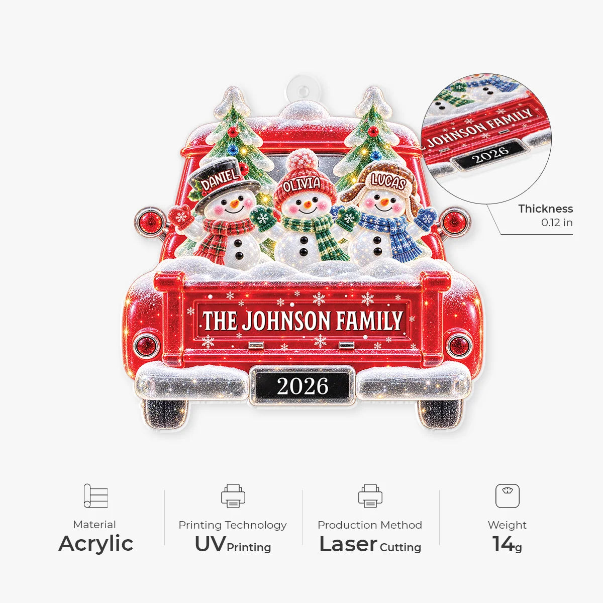 Snowman Family in Red Truck - Personalized Acrylic Ornament for Family Christmas Keepsake