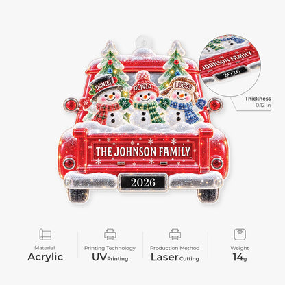 Snowman Family in Red Truck - Personalized Acrylic Ornament for Family Christmas Keepsake