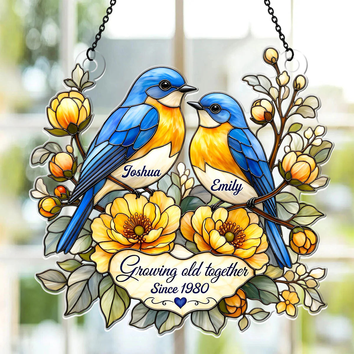 Personalized couple bluebirds suncatcher with custom names - romantic anniversary gift for couple