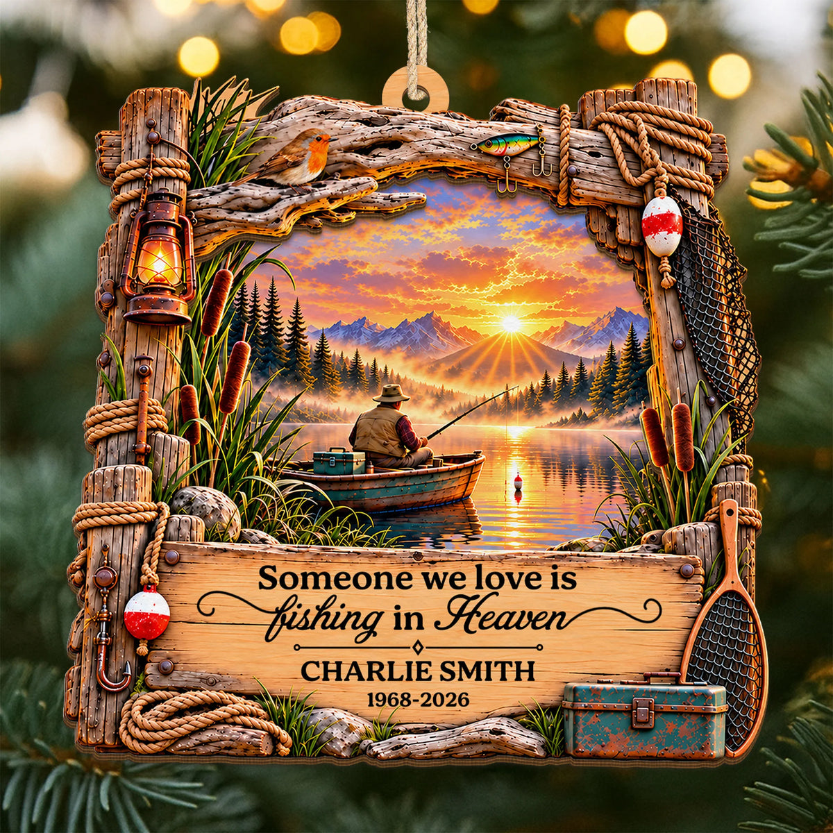 Someone We Love Is Fishing In Heaven - Personalized Wooden Ornament Memorial Keepsake