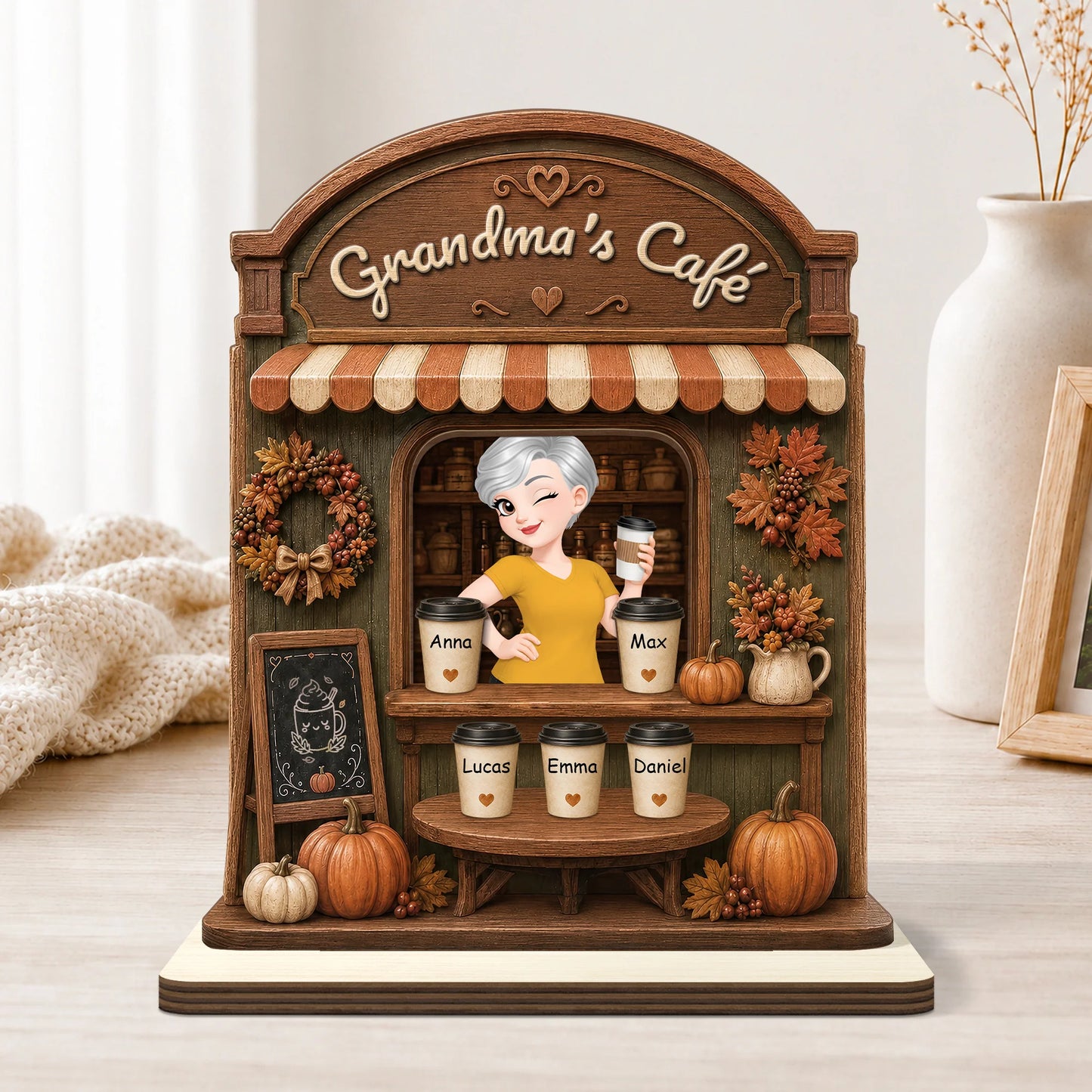 Mommy's Cafe Personalized Wooden Plaque - Custom Kids' Names Fall Decor Gift for Mom and Grandma