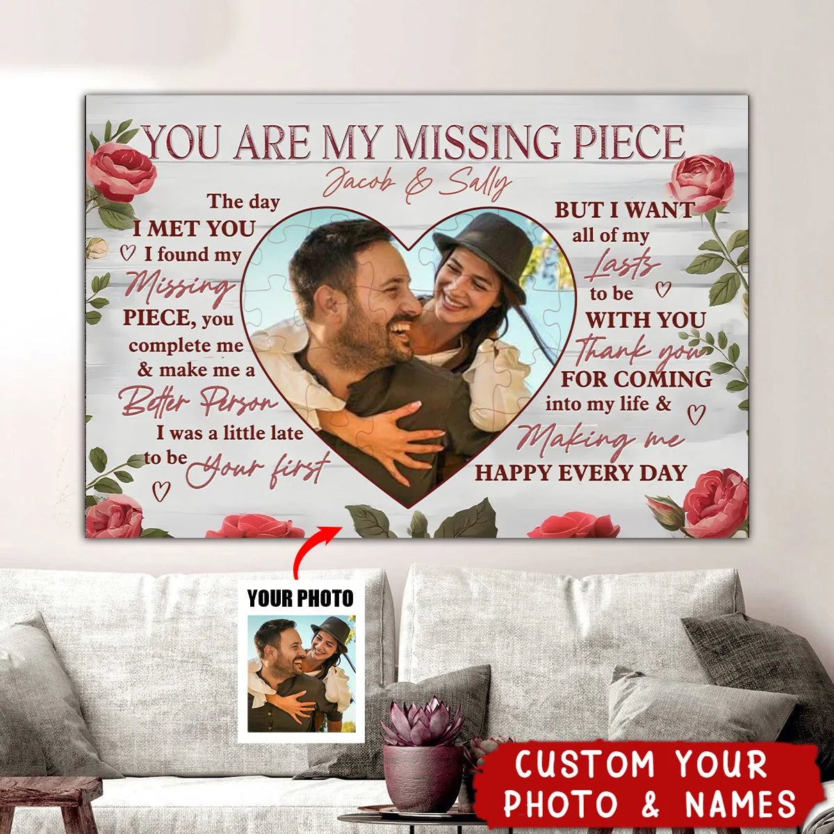 "You Are My Missing Piece" Personalized Couple Canvas / Poster - Custom Photo Anniversary Wall Art for Husband & Wife