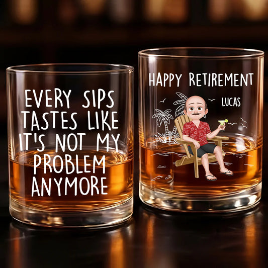 Personalized retirement whiskey glass with cartoon illustration and funny quote for coworker