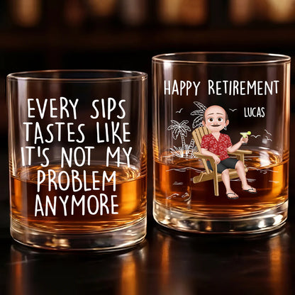 Personalized retirement whiskey glass with cartoon illustration and funny quote for coworker