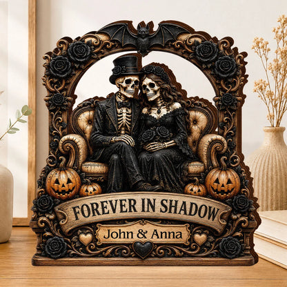 "Forever In Shadow" Personalized Skeleton Couple Wooden Block - Custom Gothic Halloween & Wedding Keepsake Gift for Couples