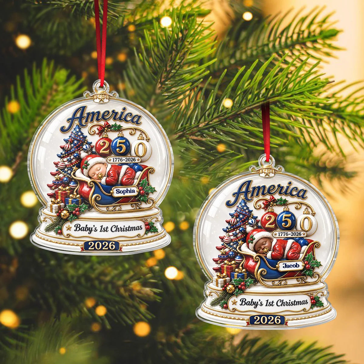 Baby's 1st Christmas 2026 America 250th - Personalized Acrylic Ornament for Newborn