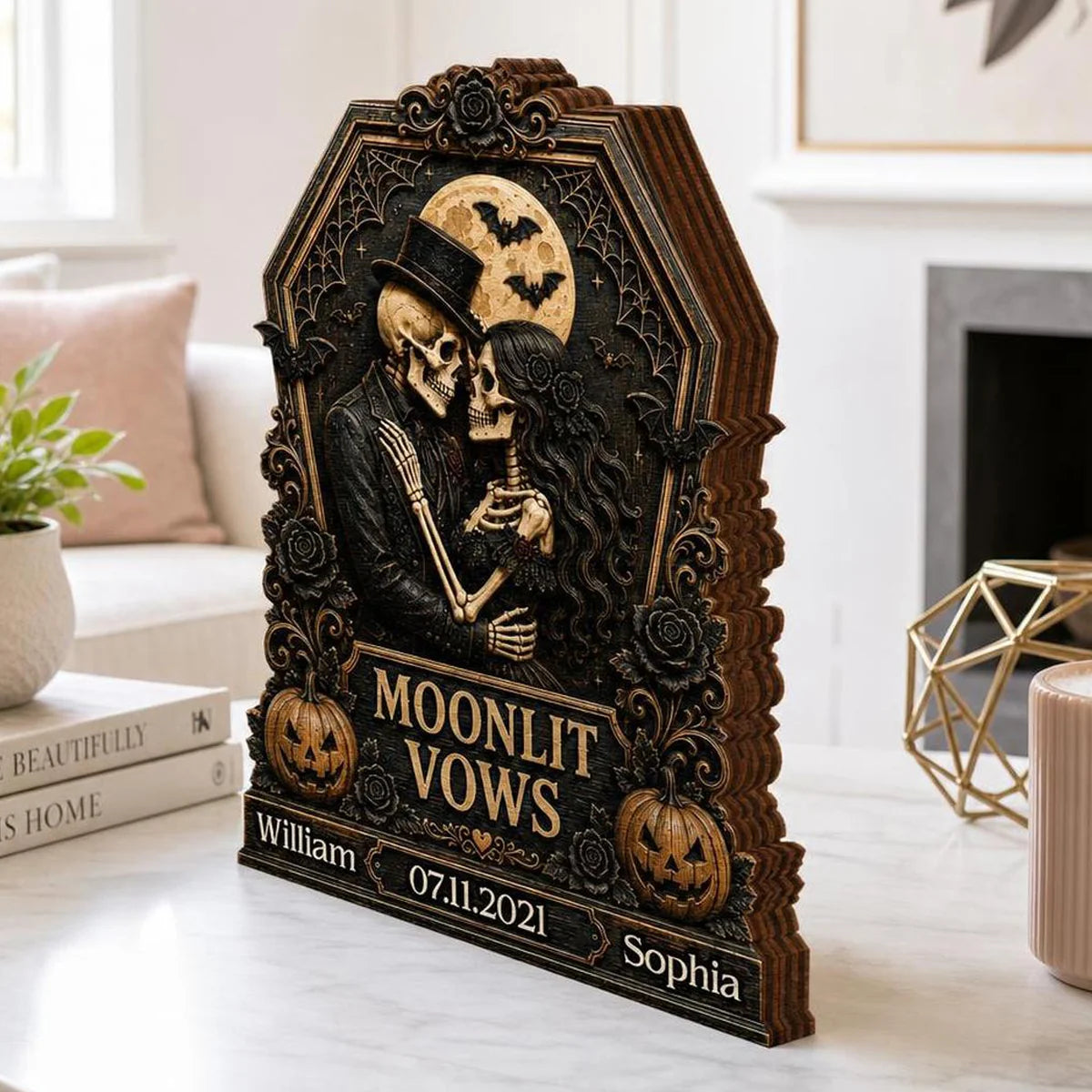 Moonlit Vows Skeleton Couple Personalized Wooden Block - Custom Halloween Wedding Anniversary Gift