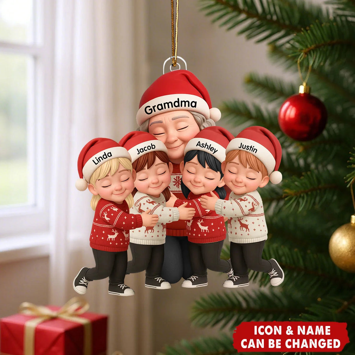 Grandma Hugging Grandkids Personalized Acrylic Ornament - Custom Christmas Keepsake for Grandma