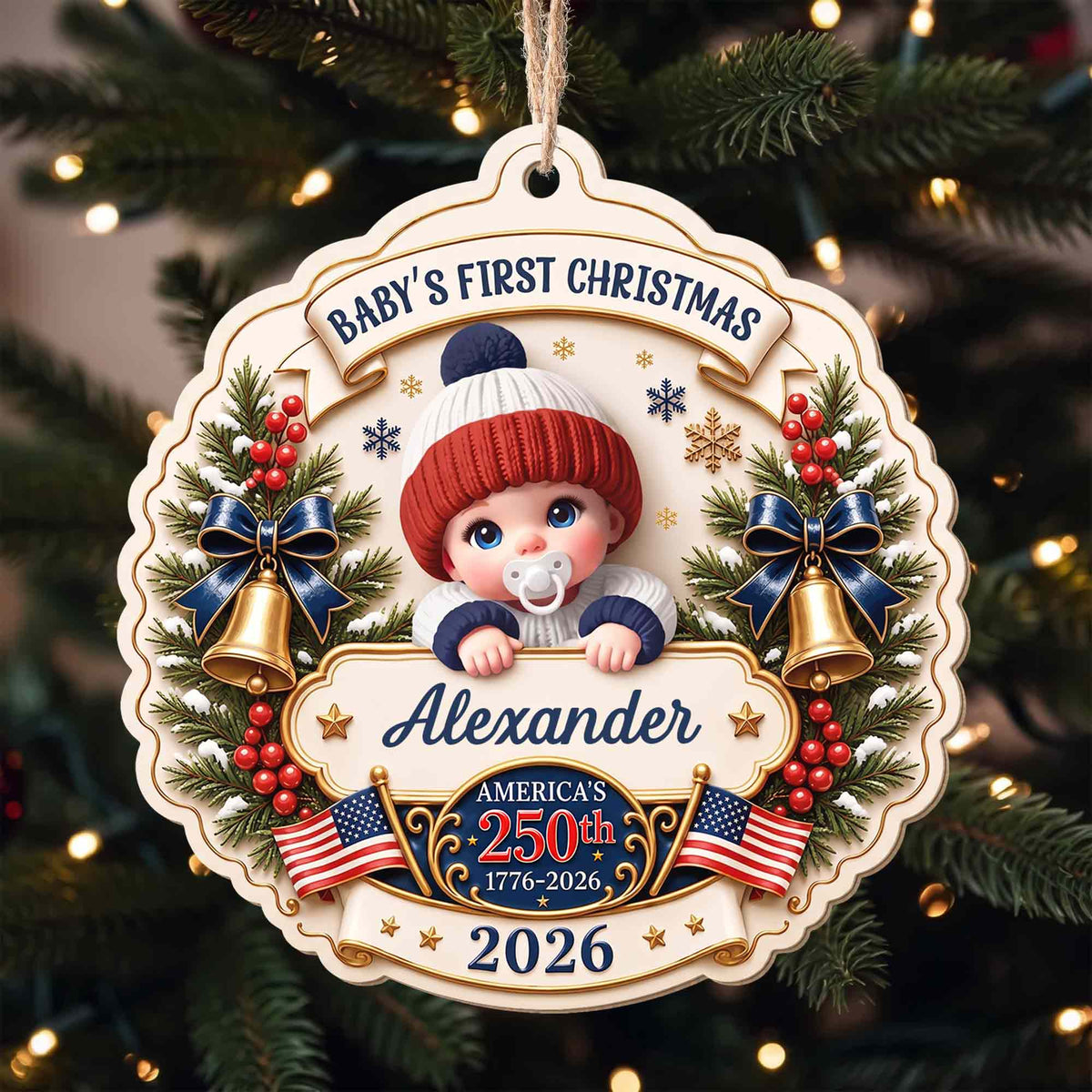"Baby’s First Christmas" Personalized Wooden Ornament - America’s 250th Anniversary Keepsake for New Parents