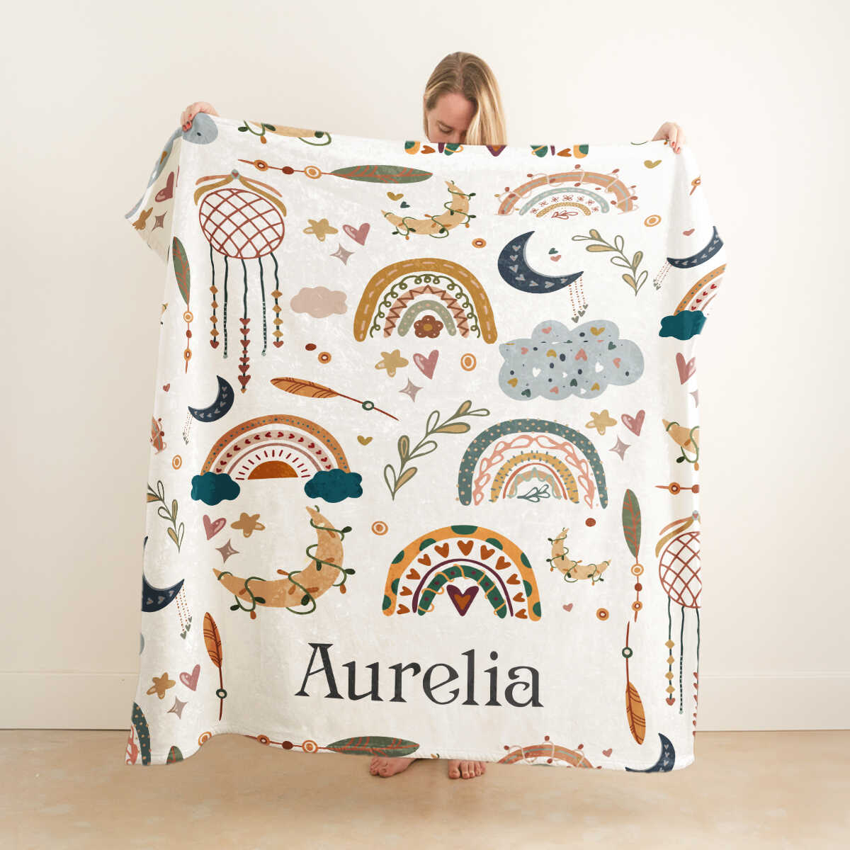 Custom Name Boho Rainbow Baby Blanket – Personalized Nursery Throw Gift for Newborn