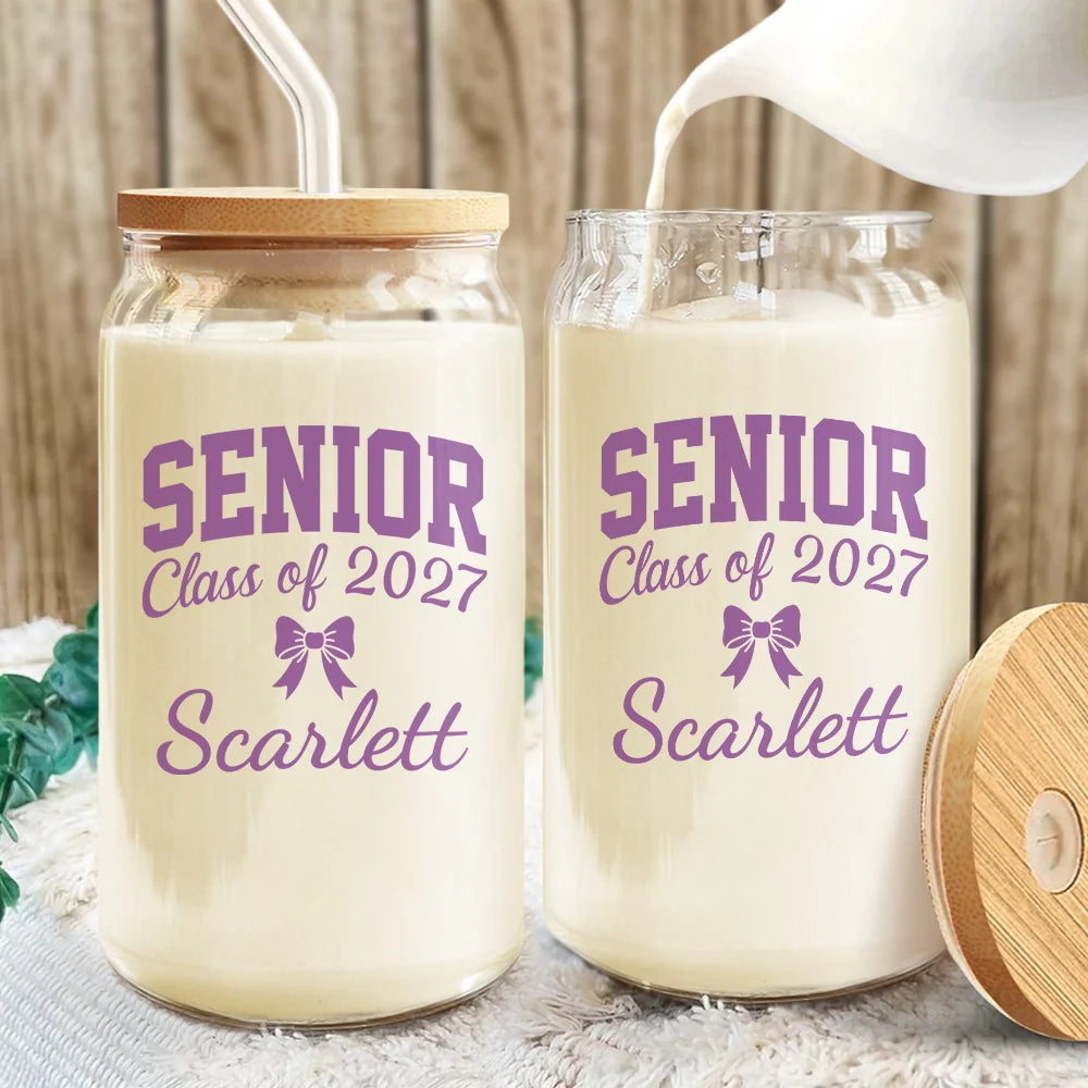 Senior Class of 2027 Custom Name Glass Can - Personalized Graduation Gift