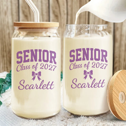 Senior Class of 2027 Custom Name Glass Can - Personalized Graduation Gift