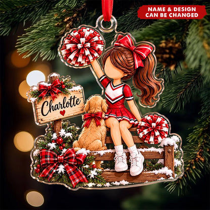 Custom Cheer Girl & Dog Acrylic Ornament - Personalized Christmas Gift for Cheerleaders