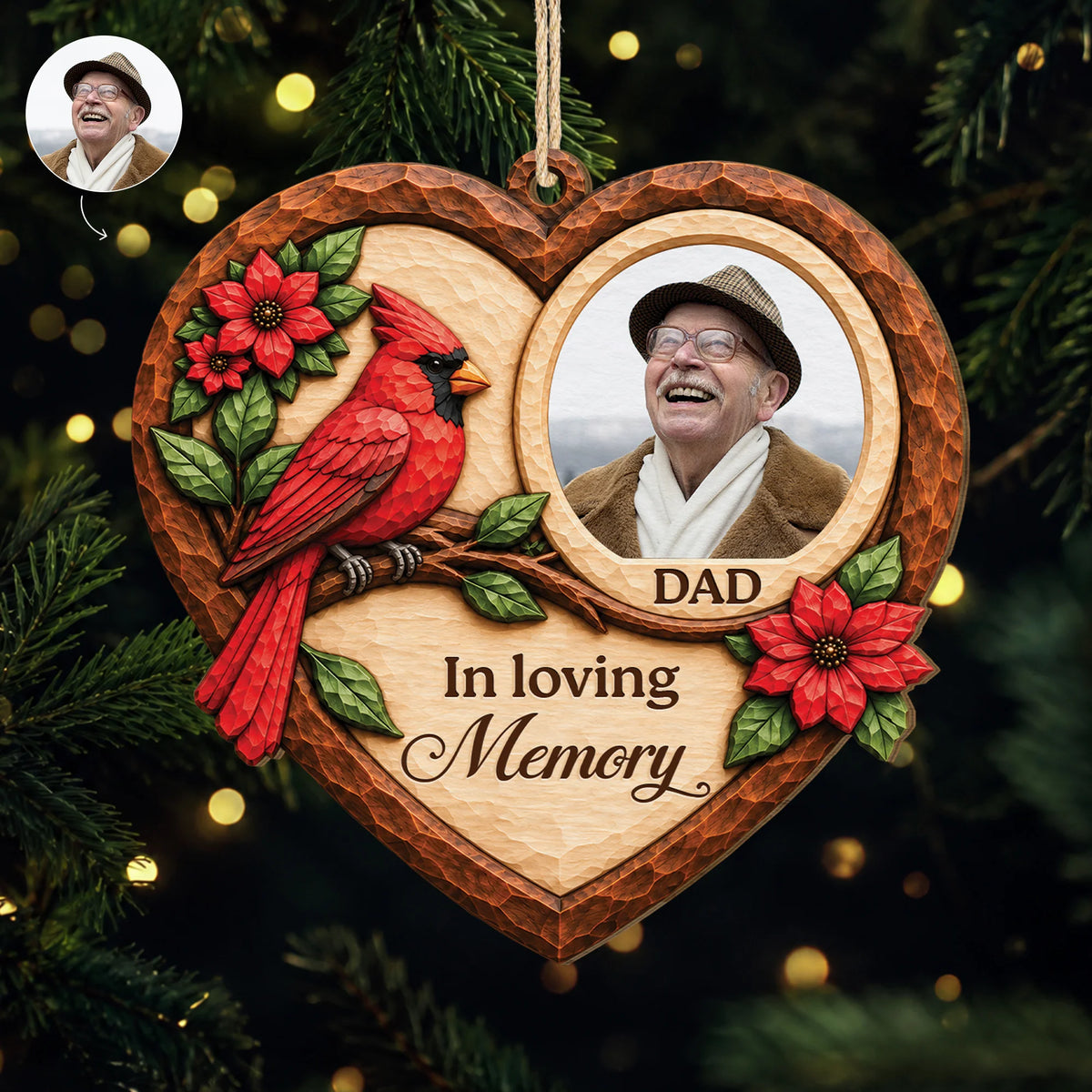 In Loving Memory Personalized Photo Wooden Ornament - Custom Cardinal Memorial Gift for Mom Dad