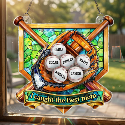Personalized mom suncatcher with custom baseball glove and children names for Mother's Day window hanging image 6