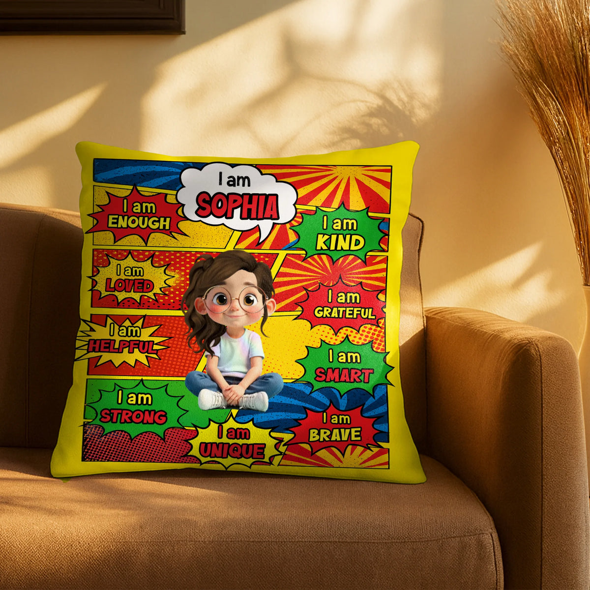 "I Am Enough Kind Loved" Custom Name Kids Affirmation Pillow - Personalized Birthday Gift for Daughter