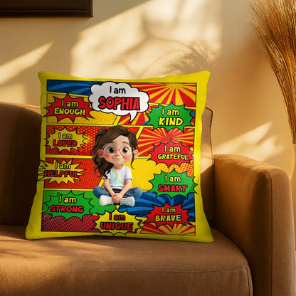 "I Am Enough Kind Loved" Custom Name Kids Affirmation Pillow - Personalized Birthday Gift for Daughter