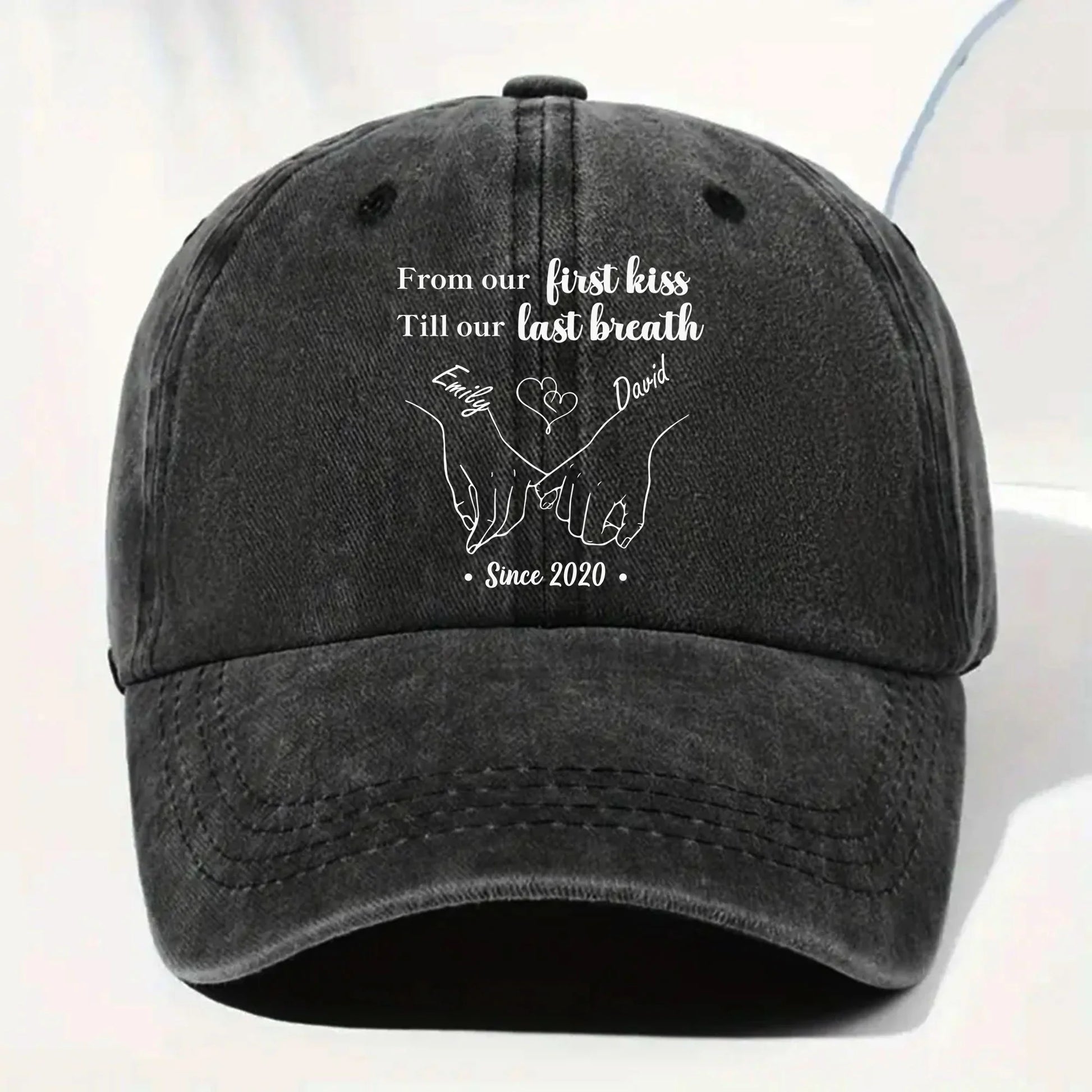 Personalized couples denim cap with romantic pinky promise design for husband and wife image 9