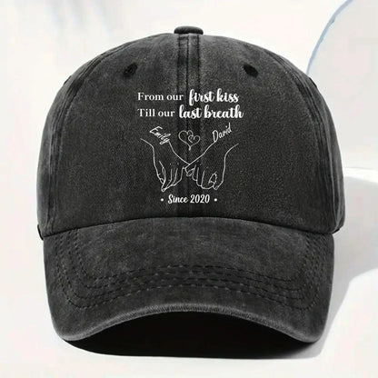 Personalized couples denim cap with romantic pinky promise design for husband and wife image 9