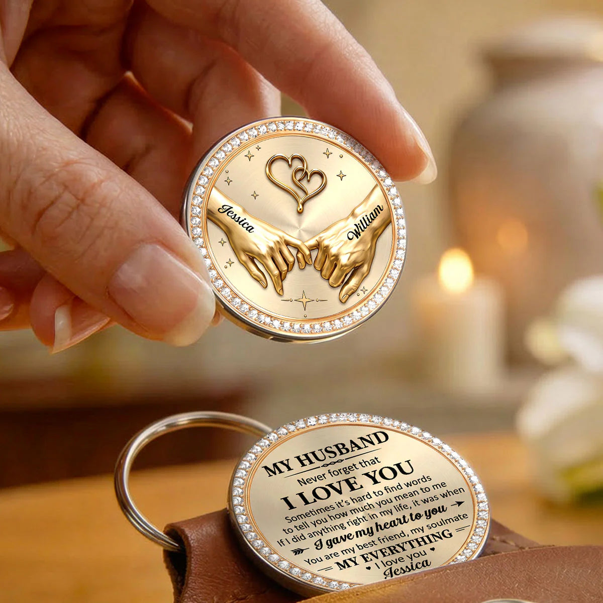 Personalized pocket hug token keychain with custom names Jessica and William, romantic gift for husband image 6