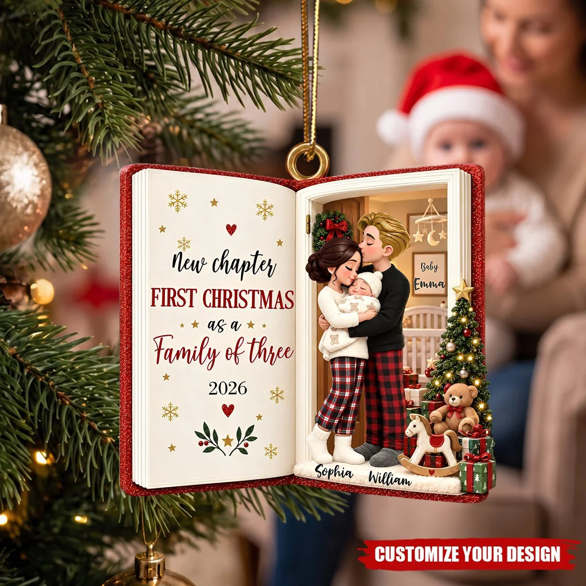 New Chapter First Christmas As A Family Of Three - Personalized Wooden Ornament For New Parents Keepsake Gift