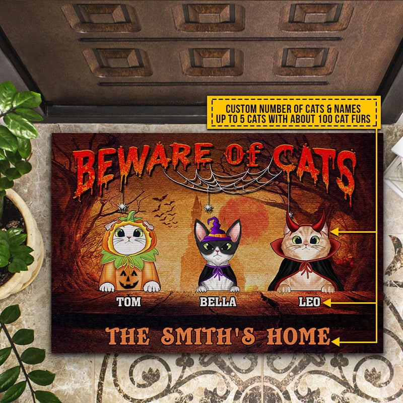 Beware of Cats Personalized Halloween Doormat - Custom Pet Names Fall Welcome Mat for Cat Lovers