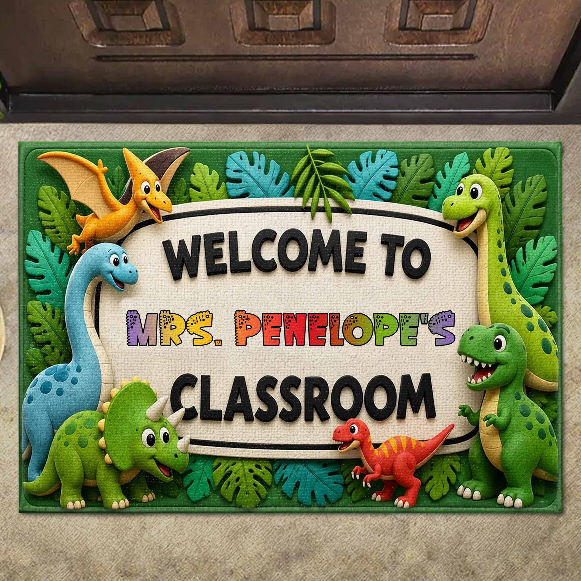 Custom Dinosaur Classroom Doormat for Teacher with personalized design details for meaningful gifting image 6