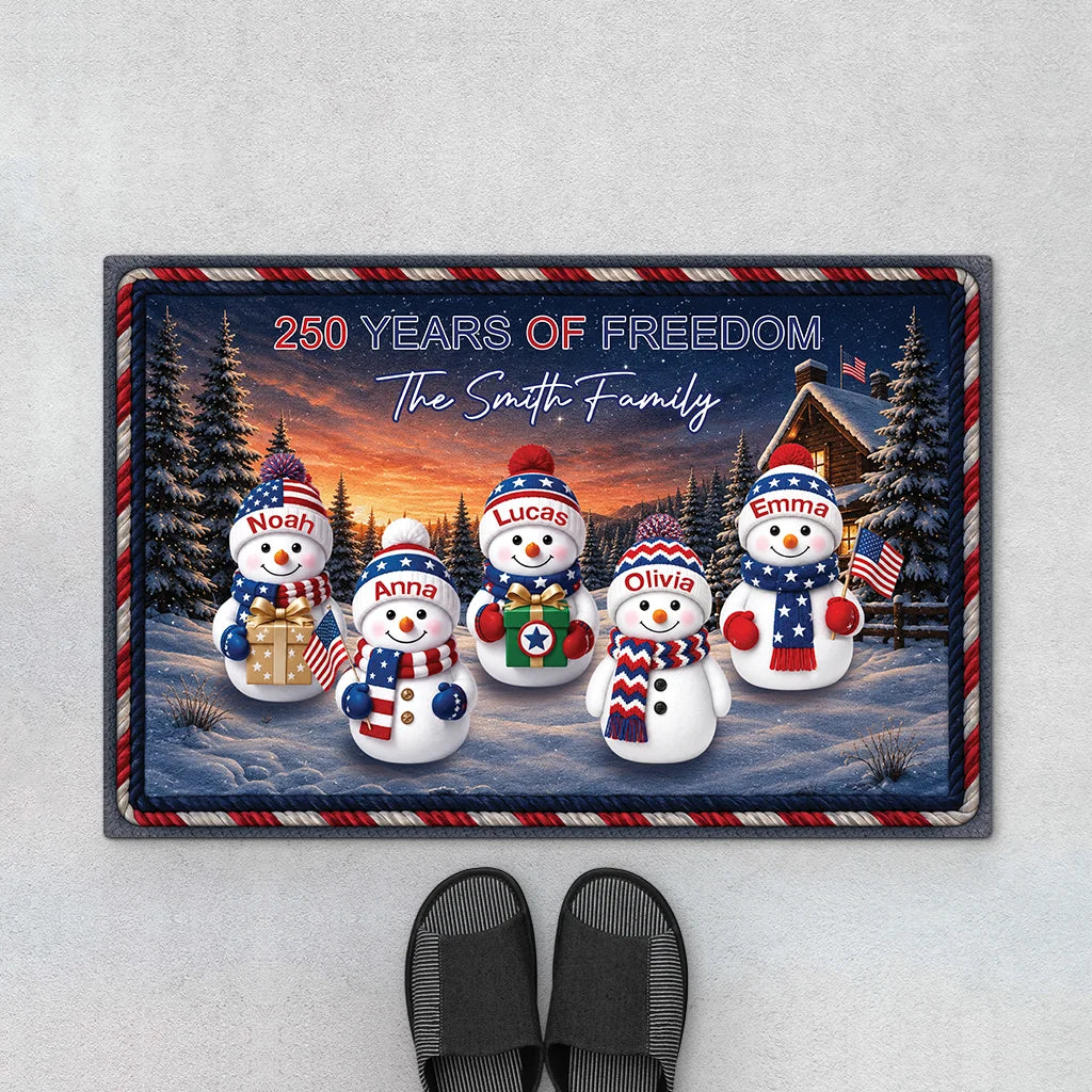 "250 Years of Freedom" Personalized Family Snowman Doormat - Custom Patriotic Winter Welcome Mat