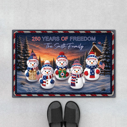 "250 Years of Freedom" Personalized Family Snowman Doormat - Custom Patriotic Winter Welcome Mat