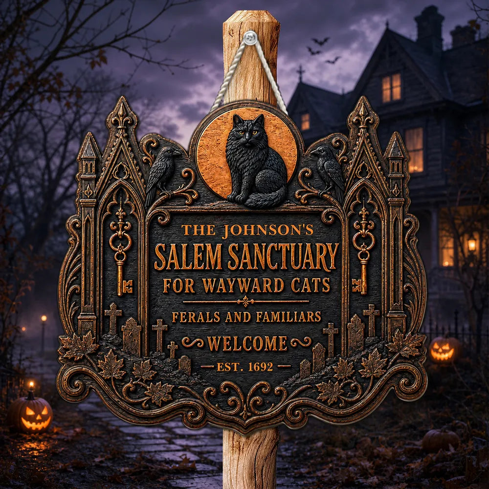 Salem Sanctuary For Wayward Cats Personalized Wood Sign - Custom Black Cat Halloween Gift